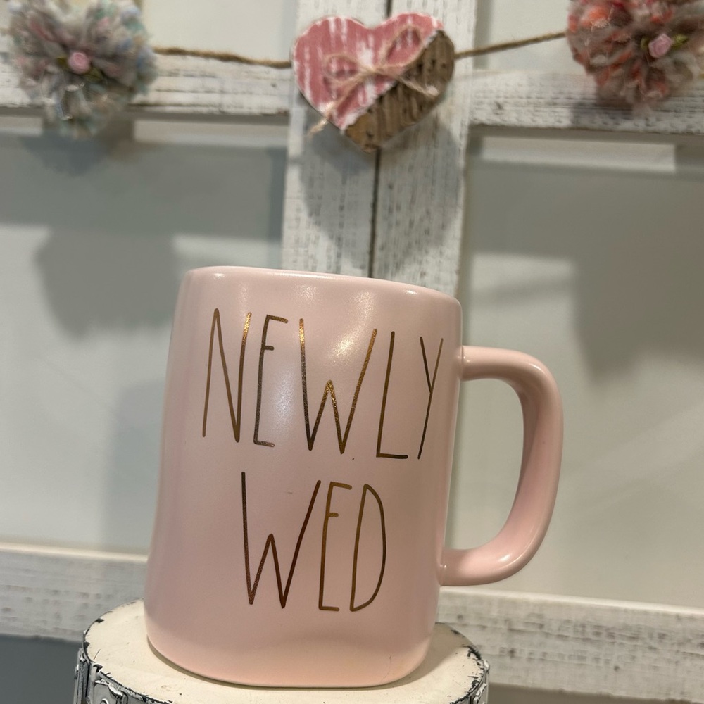 Newly Wed Rae Dunn Pink Mug Artisan Collection 16 OZ Coffee Cup Gold Lettering